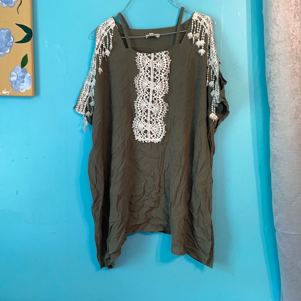 olive green blouse. open sleeves